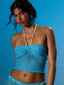 MUSERA Halterneck Crochet Knit Bust Detail Top Coord Top Only Summer Sexy Going Out Beach Holiday Ibiza Club Tropical Fever - Blue - View 6