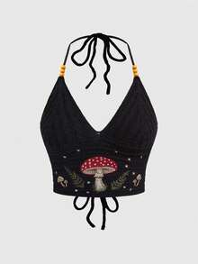 ROMWE Áo len dệt kim cỡ lớn dành cho nữ, thêu hình nấm theo phong cách nghỉ dưỡng Hippie và đính cườm. - màu đen - Xem 1