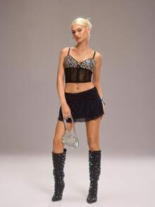 Y2Kool 黑色豹纹亮片透视网纱性感Y2K露脐上衣，休闲街头风，适合春夏派对、聚会、海滩度假和日常穿着。 - 彩色 - 查看 7