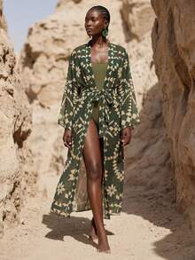 Zivah 2026 Women's Vacation Casual Beach Sheer Chiffon Print Long Kimono Style Cover Up - Army Green - View 1