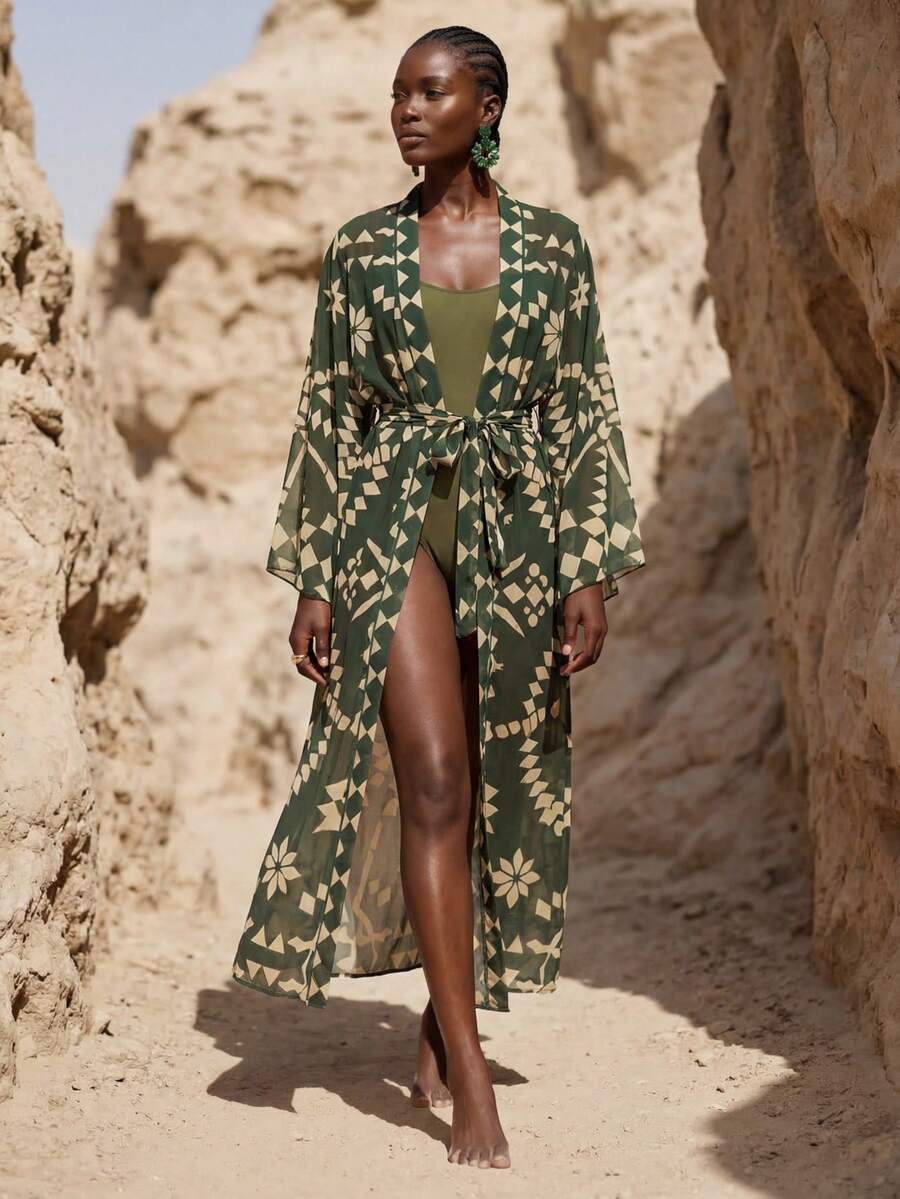 Zivah 2026 Women's Vacation Casual Beach Sheer Chiffon Print Long Kimono Style Cover Up - Army Green - View 1
