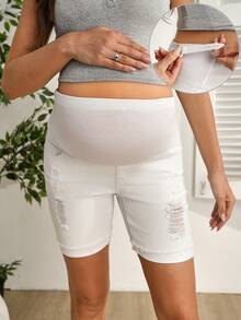 SHEIN Quần short denim bó sát màu trắng có chun dành cho bà bầu - trắng - Xem 6