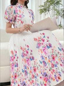 SHEIN Đầm maxi in hoa dáng xòe cho bé gái tuổi teen, tay phồng và cổ bẻ, thích hợp mặc thường ngày, đi nghỉ mát và mùa xuân/hè. Đầm maxi họa tiết bướm cho nữ, đầm xuân, đầm xếp ly, đầm in hoa, đầm hoa trắng thanh lịch, đầm maxi in hoa, đầm hè xếp ly, đầm thường ngày cho nữ. - Nhiều màu - Xem 4
