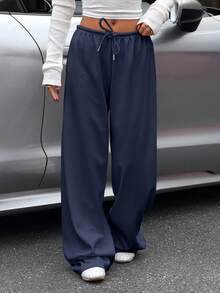 Muchica Navy Blue Knit Wide Leg Sweatpants For Women - Navy Blue - View 3