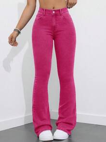 SHEIN EZwear 大码女式弹力喇叭牛仔裤，高腰复古水洗显瘦喇叭裤腿牛仔套装 - 玫紅色 - 查看 3