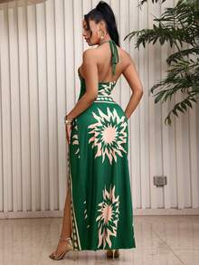Lureya Multicolor Boho Halter Neck Sleeveless Two-Piece Outfit With Long Skirt And Plant Print Women Vacation Outfit Sets One Piece Swimsuit Women With Cover Up - Multicolor - View 3