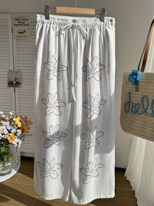 Comfortcana White Autumn Casual Eleganza Loungewear Women Plus Size Crinkle Textured Loose Drawstring Tie Waist Wide Leg Pants Vacation - White - View 5