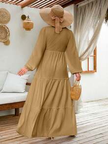 EURMUSE LANTERN LONG SLEEVE LAYERED LONG DRESS - Camel - View 2