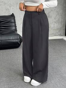SHEIN EZwear Große Größen Lose Plissee Weite Bein Lässig Hose, Einfarbig Dunkelgrau, Herbst/Winter - Dunkelgrau - Übersicht 5
