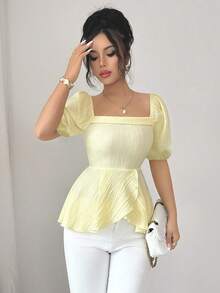 Selianne 全新设计毛茛色方领褶饰腰部隐形修身泡泡袖女式衬衫 - 黃色 - 查看 8