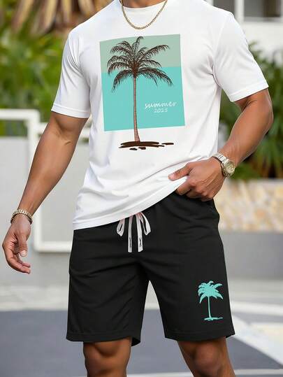 Genlund Conjunto casual de camiseta de manga corta con cuello redondo con estampado de letra y palmera, y pantalones cortos con cordón en la cintura para hombre