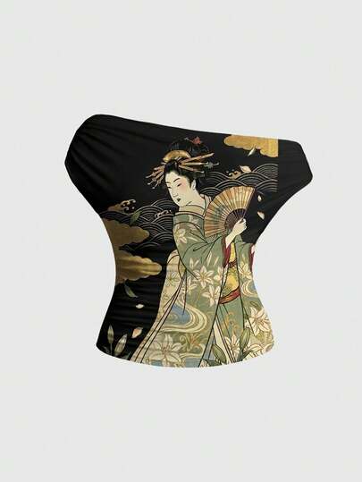 ROMWE Grunge Punk Camiseta de mujer talla grande con estilo asimétrico de hombro al estilo chino, elegante y sexy para festivales de música