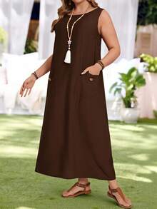 Rosumi Plus Size Solid Color Minimalist Sleeveless Round Neck Dress, Everyday Wear/Summer/Spring/Vacation - Coffee Brown - View 6