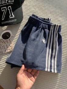 Comfortcana 2026春夏新款女式弹力腰刺绣藏蓝色条纹侧针织阔腿短裤，女士夏季沙滩短裤，适合海滩度假，2000年代风格 - 藏蓝色 - 查看 5
