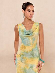 Lumalex 女士优雅性感绿色深V领露背无袖修身喇叭中长连衣裙，春夏款 - 綠色 - 查看 6