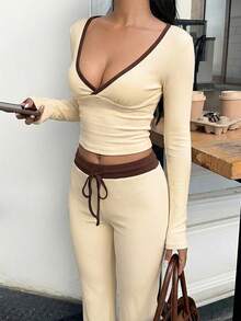 MainGRL Set de 2 piezas de Camiseta de manga larga con cuello en V profundo y pantalones acampanados con cordón en la cintura, en colores crema, amarillo y marrón, para mujer, estilo casual, para primavera/verano - Amarillo - Ver 5
