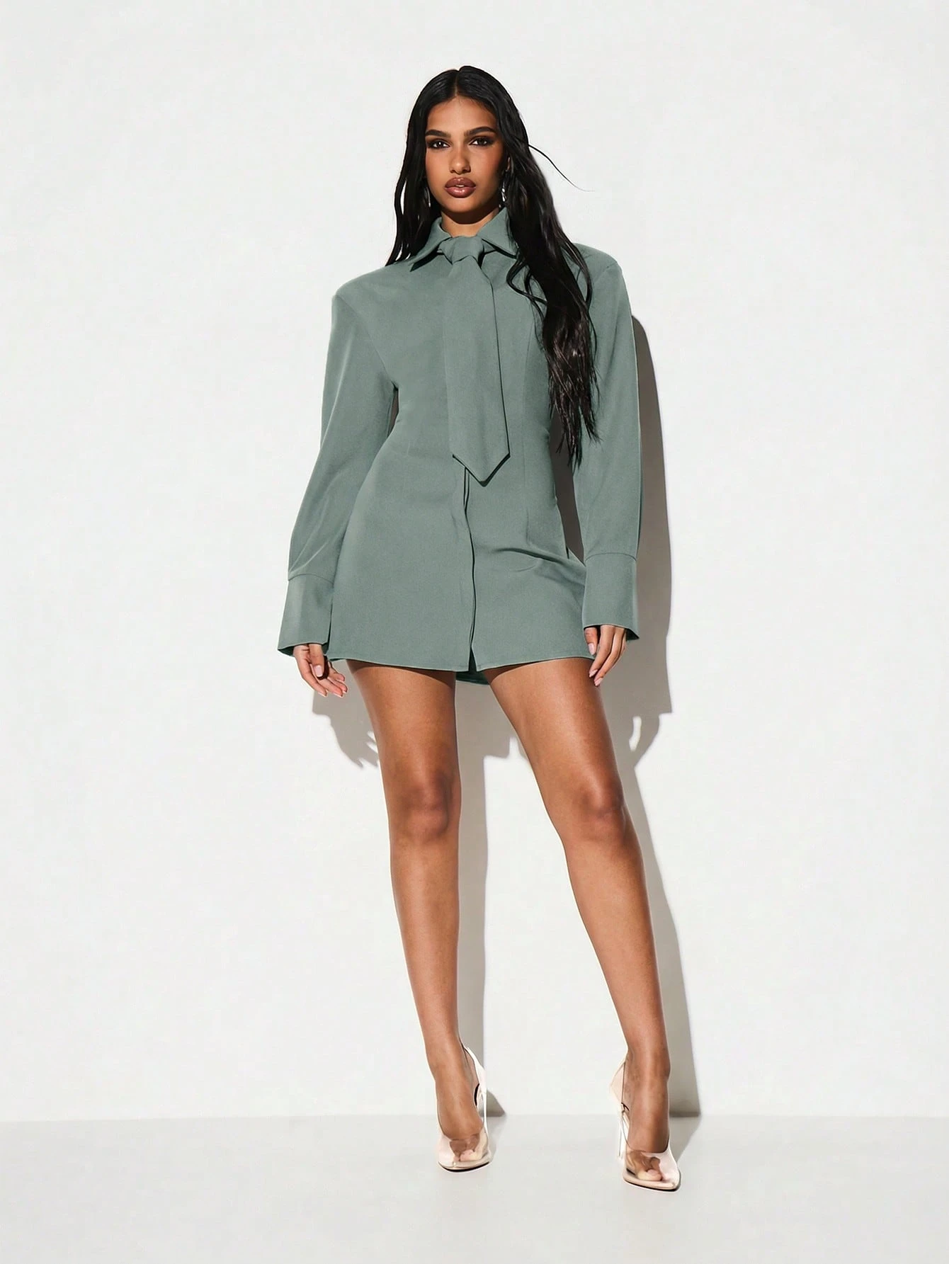 KIZN Shoulder Pad Lace Up Back Shirt Dress With Tie