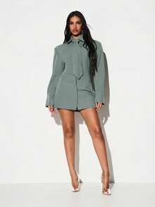 KIZN Robe chemise mini avec épaulettes, laçage dans le dos, détail de nœud, manches longues, col, style décontracté d'affaires pour l'automne et l'hiver - Vert - Voir 3