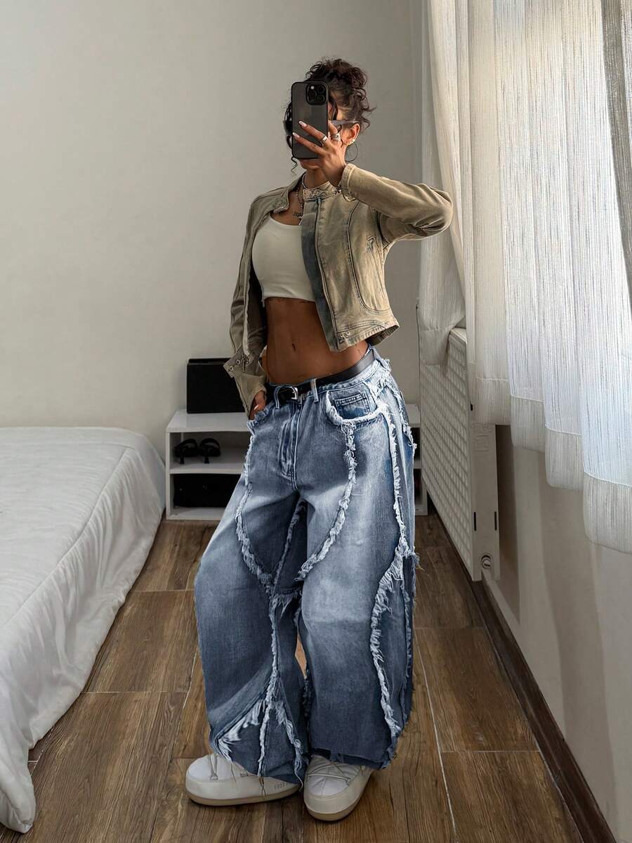 StreetHx Damen Casual Alltags Jeans mit Taschen und ausgefranstem Saum - Blau - Übersicht 1
