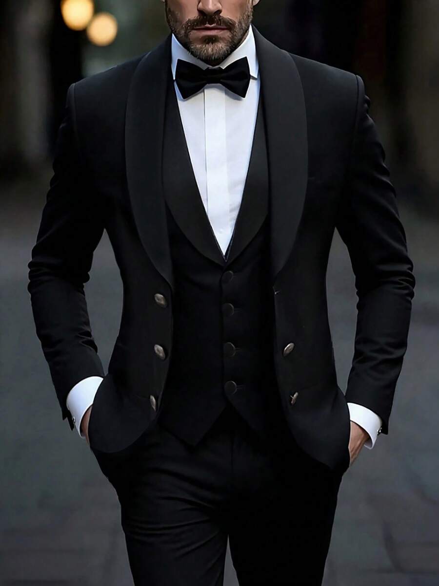 Manfinity Mode Bộ vest nam màu đen thanh lịch cổ bẻ, gồm áo khoác và quần tây. - màu đen - Xem 1