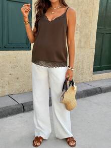 SHEIN Áo hai dây bầu ren viền, kiểu dáng thường ngày, đa năng, thích hợp mặc hàng ngày. - màu nâu - Xem 4