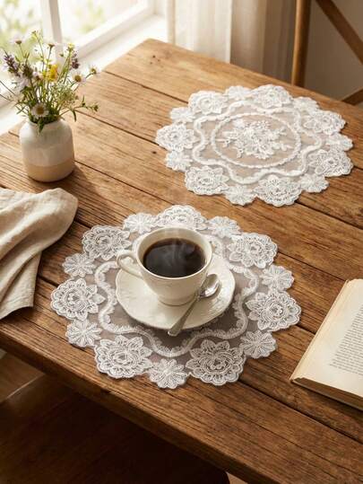 Cirelle Vintage Lace Placemat - Geometric Embroidered Table Mat, Elegant Coaster For Weddings, Tea Tray & Vase Decor, Handcrafted Home Accent