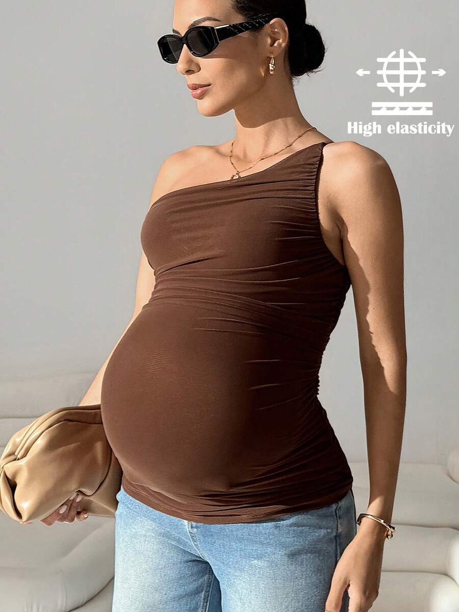 MaterniWear Maternity Casual Solid Color Sleeveless Fitted Tank Top, Summer - Rust Brown - View 1