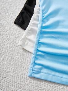 3pcs Girls Knit Square Collar Short Sleeve T-Shirts,Blue And White Stripe,Summer,Casual,School Vacation Fashion Design Versatile Tops For Daily Wear - Multicolor - View 4