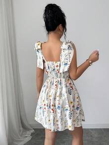 女士优雅印花露背高腰A字迷你连衣裙，适合度假、通勤和日常穿着，夏季百搭 - 彩色 - 查看 2
