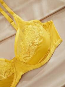 SHEIN Elegant Full Coverage Lace & Mesh Floral Lace Romantic Charming Underwire Bra Yellow Lace Bra Yellow Bra Cute Bra - Yellow - View 8