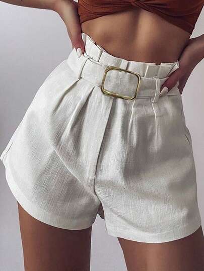 EMERY ROSE Women's Casual Solid Color Commuter Waist Belt Shorts