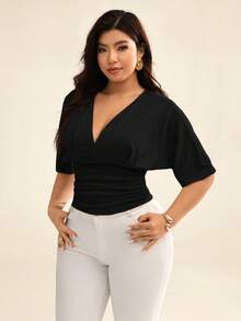Auralis Plus Size Solid Color Minimalist V-Neck Short Sleeve T-Shirt, Casual Everyday Wear - Navy Blue - View 3