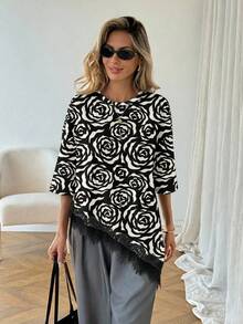 EMERY ROSE Áo thun nữ màu trơn, vạt áo bất đối xứng, phối ren, kiểu dáng thường ngày, đa năng, thích hợp mặc đi nghỉ mát, hè, xuân, nghỉ xuân và nhiều dịp khác, bao gồm váy đi biển, áo sơ mi thường ngày, áo khoác ngoài và áo mùa hè. - Nhiều màu - Xem 4