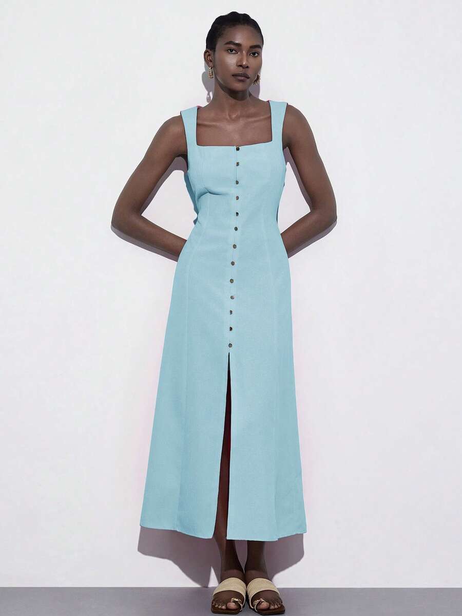 Aveloria Modichic 精致的钩扣工艺，柔和的粉色调，简约现代风格，方领，无袖设计，前襟纽扣装饰，修身长款廓形，飘逸裙摆，光滑的亚麻混纺面料，轻盈显瘦的剪裁，清新甜美，适合日常、度假、正式场合，例如约会、婚礼、花园派对、晚宴、假期等。时尚的设计感，别致休闲的无袖方领宽肩带粉色长裙 - 天藍色 - 查看 1