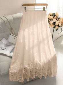 Mulvari 女士弹力腰带镂空刺绣半身裙，春夏款 - 杏色 - 查看 6