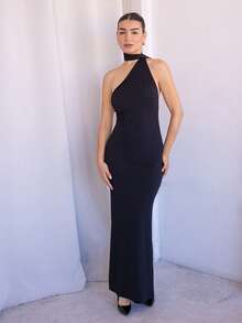 Andrea Bello Váy yếm hở lưng màu đỏ trơn dành cho nữ, thích hợp cho các buổi hẹn hò, tiệc Giáng sinh, sự kiện buổi tối - màu đen - Xem 1