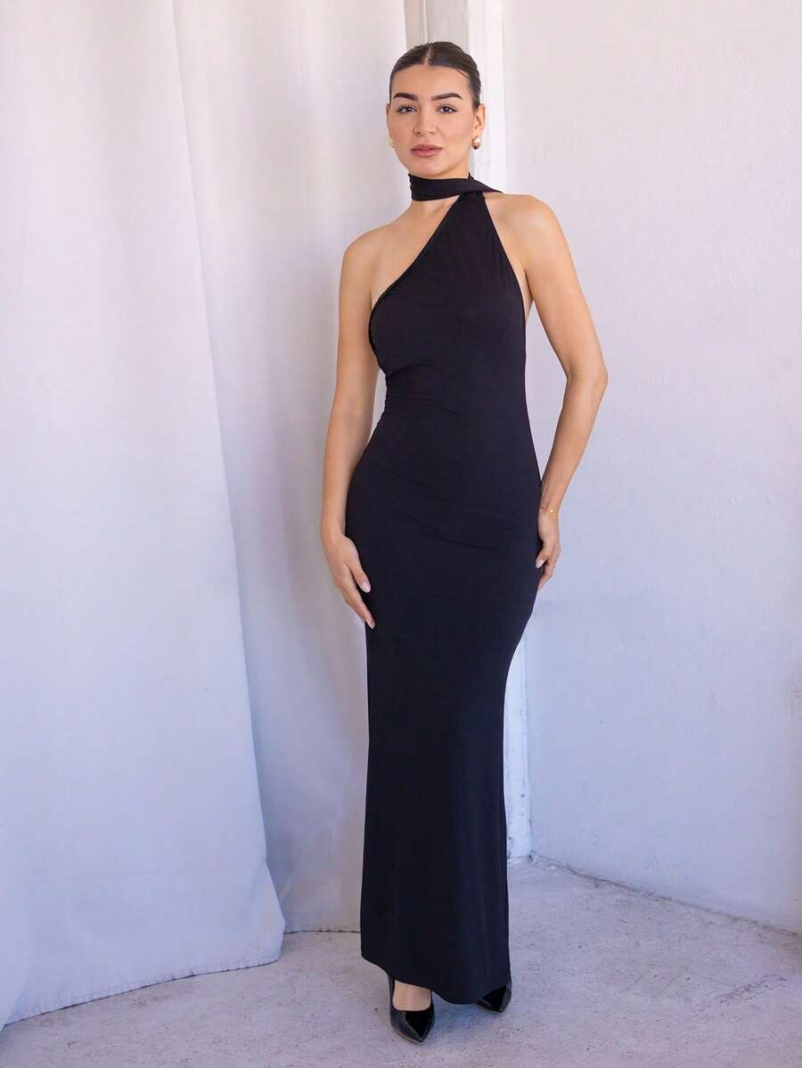 Andrea Bello Váy yếm hở lưng màu đỏ trơn dành cho nữ, thích hợp cho các buổi hẹn hò, tiệc Giáng sinh, sự kiện buổi tối - màu đen - Xem 1