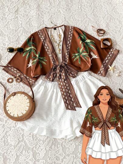 Soleia 大码热带印花衬衫短裤两件套