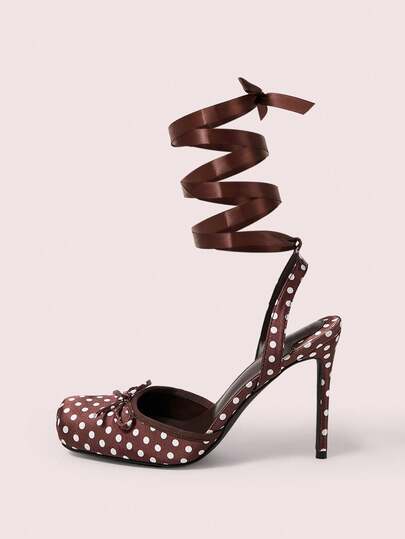 CUCCOO DOLLMOD Ladies Brown Polka Dots Elegant Sweet Cute Versatile Date Wear Birthday Party Wear Bow Decorative Square Toe Ballet Shoes Stiletto High Heel Shoes Summer Shoes