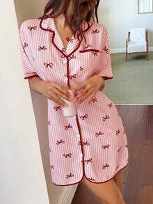 Napfluff 女士撞色滚边蝴蝶结条纹印花翻领宽松短袖睡裙 - 粉色 - 查看 3
