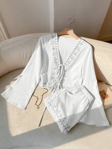 SHEIN EZwear Bộ đồ dệt thêu màu mơ nhạt gồm 2 món dành cho nữ. - trắng - Xem 7