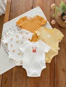 SHEIN LMoss Kids 4件套新生女宝宝夏季可爱针织卡通兔子和碎花连体衣套装 - 彩色 - 查看 3