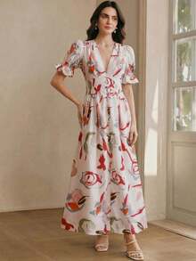 Anewsta Elegant Fitted Beach Style Random Floral Print Dress, Suitable From Spring To Summer, Valentine's Day Outfits For Women, Dresses Pink - Multicolor - View 3