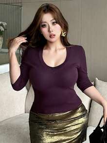 Dazy Plus Áo thun crop top ôm sát cơ thể, màu trơn, co giãn, cổ chữ V, tay lỡ 3/4, gợi cảm, thích hợp cho mùa xuân/hè. - Màu tím  Violet - Xem 7