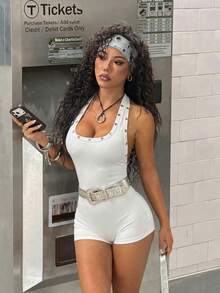 StreetHx 女士性感极简黑色露背紧身连体裤，适合派对穿着 - 白色 - 查看 7