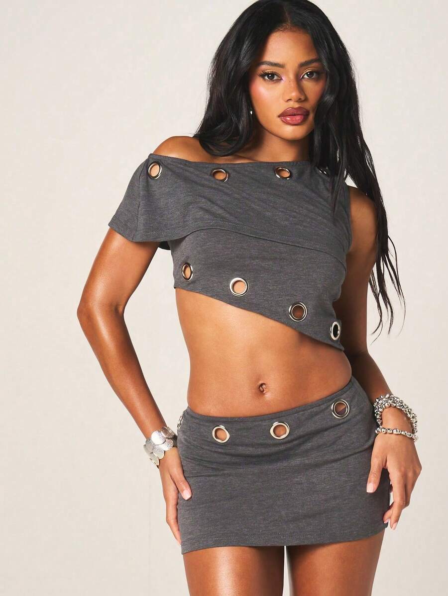 MISSGUIDED Women Off-Shoulder Asymmetric Crop Top Bodycon Mini Skirt Two-Piece Outfit Set With Metal Eyelet Details - Grey - View 1