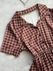 StreetHx Women's Loose Retro Plaid Babydoll Shirt - Brown - View 3