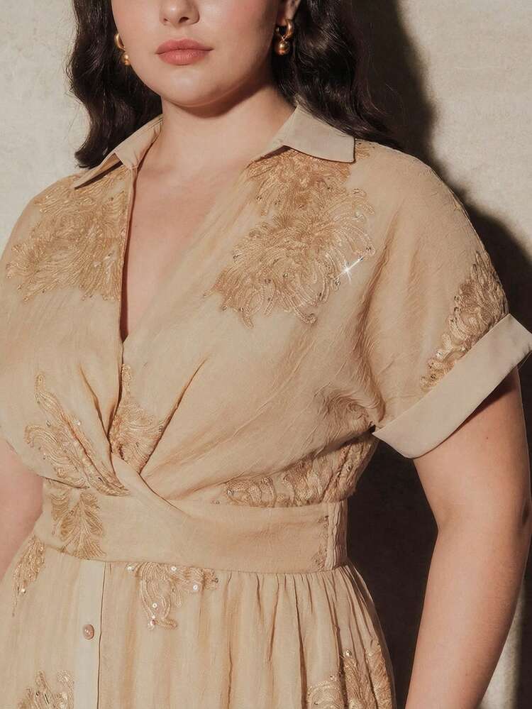 Elegant Romantic V-Neck Embroidered Twist Front Long Dress, Khaki, Suitable For Summer Dates