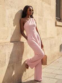 Women's Oblique Shoulder Ruched Wide Leg Pants With Pockets, Practical Commuting Jumpsuit For Spring/Summer - Pink - View 6