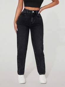 EURMUSE High Waist Mom Fit Jeans - Black - View 5